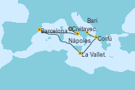 Visitando Civitavecchia (Roma), Nápoles (Italia), Barcelona, La Valletta (Malta), Corfú (Grecia), Bari (Italia)