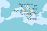 Visitando Génova (Italia), Civitavecchia (Roma), Nápoles (Italia), Barcelona, La Valletta (Malta), Corfú (Grecia), Bari (Italia), Trieste (Italia)