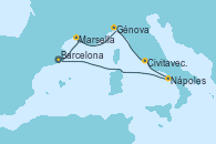 Visitando Barcelona, Marsella (Francia), Génova (Italia), Civitavecchia (Roma), Nápoles (Italia), Barcelona