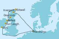 Visitando Hamburgo (Alemania), Cork (Irlanda), Dun Laoghaire (Dublin/Irlanda), Belfast (Irlanda), Greenock (Escocia), Kirkwall (Escocia), Invergordon (Escocia), Hamburgo (Alemania)