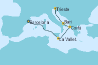 Visitando Barcelona, La Valletta (Malta), Corfú (Grecia), Bari (Italia), Trieste (Italia)