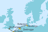 Visitando Southampton (Inglaterra), Le Havre (Francia), Hamburgo (Alemania), Rotterdam (Holanda), Zeebrugge (Bruselas), Le Havre (Francia), Southampton (Inglaterra)