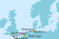 Visitando Le Havre (Francia), Southampton (Inglaterra), Hamburgo (Alemania), Rotterdam (Holanda), Zeebrugge (Bruselas), Southampton (Inglaterra), Le Havre (Francia)