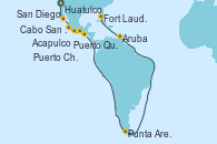 Visitando San Diego (California/EEUU), Cabo San Lucas (México), Acapulco (México), Huatulco (México), Puerto Chiapas (México), Puerto Quetzal (Guatemala), Punta Arenas (Chile), Aruba (Antillas), Fort Lauderdale (Florida/EEUU)