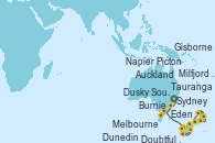 Visitando Sydney (Australia), Eden (Nueva Gales), Burnie (Tasmania/Australia), Melbourne (Australia), Milfjord Sound (Nueva Zelanda), Doubtful Sound (Nueva Zelanda), Dusky Sound (Nueva Zelanda), Dunedin (Nueva Zelanda), Picton (Australia), Napier (Nueva Zelanda), Gisborne (Nueva Zelanda), Tauranga (Nueva Zelanda), Auckland (Nueva Zelanda), Auckland (Nueva Zelanda)