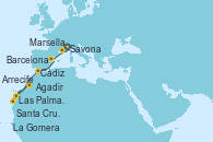 Visitando Savona (Italia), Marsella (Francia), Barcelona, Cádiz (España), Las Palmas de Gran Canaria (España), La Gomera (Islas Canarias/España), Santa Cruz de la Palma (España), Santa Cruz de Tenerife (España), Arrecife (Lanzarote/España), Agadir (Marruecos), Las Palmas de Gran Canaria (España)