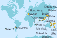 Visitando San Antonio (Chile), San Antonio (Chile), Isla Pascua (Chile), Isla Pascua (Chile), Islas Pitcairn (Pacífico), Papeete (Tahití), UTUROA, Apia (Samoa), Nukualofa (Tongatapu), Suva (Fiyi), Isla Mystery (Vanuatu), Puerto Vila (Vanuatu), Lifou (Isla Loyalty/Nueva Caledonia), Sydney (Australia), Sydney (Australia), Brisbane (Australia), Cairns (Australia), Rabaul (Papúa Nueva Guinea), Tokio (Japón), Tokio (Japón), Kobe (Japón), Nagasaki (Japón), Busán (Corea del Sur), Keelung (Taiwán), Hong Kong (China), Hong Kong (China), Da Nang (Vietnam), Ciudad Ho Chi Minh (Vietnam), Singapur, Singapur, Port Klang (Malasia), Penang (Malasia), Colombo (Sri Lanka), Malé (Maldivas), Port Louis  (Mauricio), Port Louis  (Mauricio), Durban (Sudáfrica), Port Elizabeth (San Vicente y Granadinas), Ciudad del Cabo (Sudáfrica), Walvis Bay (Namibia), Mindelo (Cabo Verde), Las Palmas de Gran Canaria (España), Barcelona, Marsella (Francia), Savona (Italia)
