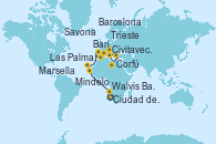 Visitando Ciudad del Cabo (Sudáfrica), Walvis Bay (Namibia), Mindelo (Cabo Verde), Las Palmas de Gran Canaria (España), Barcelona, Marsella (Francia), Savona (Italia), Civitavecchia (Roma), Corfú (Grecia), Bari (Italia), Trieste (Italia)