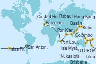 Visitando San Antonio (Chile), San Antonio (Chile), Isla Pascua (Chile), Isla Pascua (Chile), Islas Pitcairn (Pacífico), Papeete (Tahití), UTUROA, Apia (Samoa), Nukualofa (Tongatapu), Suva (Fiyi), Isla Mystery (Vanuatu), Puerto Vila (Vanuatu), Lifou (Isla Loyalty/Nueva Caledonia), Sydney (Australia), Sydney (Australia), Brisbane (Australia), Cairns (Australia), Rabaul (Papúa Nueva Guinea), Tokio (Japón), Tokio (Japón), Kobe (Japón), Nagasaki (Japón), Busán (Corea del Sur), Keelung (Taiwán), Hong Kong (China), Hong Kong (China), Da Nang (Vietnam), Ciudad Ho Chi Minh (Vietnam), Singapur, Singapur, Port Klang (Malasia), Penang (Malasia), Colombo (Sri Lanka), Malé (Maldivas), Port Louis  (Mauricio), Port Louis  (Mauricio), Durban (Sudáfrica), Port Elizabeth (San Vicente y Granadinas), Ciudad del Cabo (Sudáfrica), Walvis Bay (Namibia), Mindelo (Cabo Verde), Las Palmas de Gran Canaria (España), Barcelona