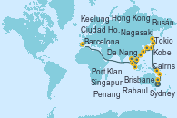 Visitando Sydney (Australia), Sydney (Australia), Brisbane (Australia), Cairns (Australia), Rabaul (Papúa Nueva Guinea), Tokio (Japón), Tokio (Japón), Kobe (Japón), Nagasaki (Japón), Busán (Corea del Sur), Keelung (Taiwán), Hong Kong (China), Hong Kong (China), Da Nang (Vietnam), Ciudad Ho Chi Minh (Vietnam), Singapur, Singapur, Port Klang (Malasia), Penang (Malasia), Colombo (Sri Lanka), Malé (Maldivas), Port Louis  (Mauricio), Port Louis  (Mauricio), Durban (Sudáfrica), Port Elizabeth (San Vicente y Granadinas), Ciudad del Cabo (Sudáfrica), Walvis Bay (Namibia), Mindelo (Cabo Verde), Las Palmas de Gran Canaria (España), Barcelona
