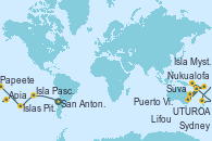 Visitando San Antonio (Chile), San Antonio (Chile), Isla Pascua (Chile), Isla Pascua (Chile), Islas Pitcairn (Pacífico), Papeete (Tahití), UTUROA, Apia (Samoa), Nukualofa (Tongatapu), Suva (Fiyi), Isla Mystery (Vanuatu), Puerto Vila (Vanuatu), Lifou (Isla Loyalty/Nueva Caledonia), Sydney (Australia)