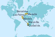 Visitando Ciudad del Cabo (Sudáfrica), Walvis Bay (Namibia), Mindelo (Cabo Verde), Las Palmas de Gran Canaria (España), Barcelona, Marsella (Francia)