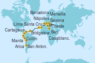 Visitando Trieste (Italia), Bari (Italia), Nápoles (Italia), Savona (Italia), Marsella (Francia), Barcelona, Casablanca (Marruecos), Santa Cruz de Tenerife (España), Bridgetown (Barbados), Cartagena de Indias (Colombia), Colón, Manta (Ecuador), Manta (Ecuador), Lima (Callao/Perú), Arica (Chile), San Antonio (Chile)