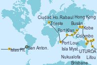 Visitando San Antonio (Chile), San Antonio (Chile), Isla Pascua (Chile), Isla Pascua (Chile), Islas Pitcairn (Pacífico), Papeete (Tahití), UTUROA, Apia (Samoa), Nukualofa (Tongatapu), Suva (Fiyi), Isla Mystery (Vanuatu), Puerto Vila (Vanuatu), Lifou (Isla Loyalty/Nueva Caledonia), Sydney (Australia), Sydney (Australia), Brisbane (Australia), Cairns (Australia), Rabaul (Papúa Nueva Guinea), Tokio (Japón), Tokio (Japón), Kobe (Japón), Nagasaki (Japón), Busán (Corea del Sur), Keelung (Taiwán), Hong Kong (China), Hong Kong (China), Da Nang (Vietnam), Ciudad Ho Chi Minh (Vietnam), Singapur, Singapur, Port Klang (Malasia), Penang (Malasia), Colombo (Sri Lanka), Malé (Maldivas), Port Louis  (Mauricio), Port Louis  (Mauricio), Durban (Sudáfrica), Port Elizabeth (San Vicente y Granadinas), Ciudad del Cabo (Sudáfrica), Walvis Bay (Namibia), Mindelo (Cabo Verde), Las Palmas de Gran Canaria (España), Barcelona, Marsella (Francia), Savona (Italia), Civitavecchia (Roma), Corfú (Grecia), Bari (Italia), Trieste (Italia)