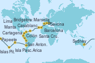 Visitando Savona (Italia), Marsella (Francia), Barcelona, Casablanca (Marruecos), Santa Cruz de Tenerife (España), Bridgetown (Barbados), Cartagena de Indias (Colombia), Colón, Manta (Ecuador), Manta (Ecuador), Lima (Callao/Perú), Arica (Chile), San Antonio (Chile), San Antonio (Chile), Isla Pascua (Chile), Isla Pascua (Chile), Islas Pitcairn (Pacífico), Papeete (Tahití), UTUROA, Apia (Samoa), Nukualofa (Tongatapu), Suva (Fiyi), Isla Mystery (Vanuatu), Puerto Vila (Vanuatu), Lifou (Isla Loyalty/Nueva Caledonia), Sydney (Australia)