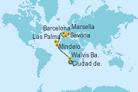 Visitando Ciudad del Cabo (Sudáfrica), Walvis Bay (Namibia), Mindelo (Cabo Verde), Las Palmas de Gran Canaria (España), Barcelona, Marsella (Francia), Savona (Italia)