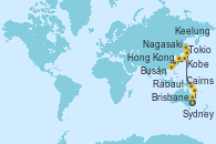 Visitando Sydney (Australia), Sydney (Australia), Brisbane (Australia), Cairns (Australia), Rabaul (Papúa Nueva Guinea), Tokio (Japón), Tokio (Japón), Kobe (Japón), Nagasaki (Japón), Busán (Corea del Sur), Keelung (Taiwán), Hong Kong (China)