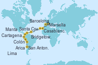 Visitando Marsella (Francia), Barcelona, Casablanca (Marruecos), Santa Cruz de Tenerife (España), Bridgetown (Barbados), Cartagena de Indias (Colombia), Colón, Manta (Ecuador), Manta (Ecuador), Lima (Callao/Perú), Arica (Chile), San Antonio (Chile)