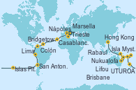 Visitando Trieste (Italia), Bari (Italia), Nápoles (Italia), Savona (Italia), Marsella (Francia), Barcelona, Casablanca (Marruecos), Santa Cruz de Tenerife (España), Bridgetown (Barbados), Cartagena de Indias (Colombia), Colón, Manta (Ecuador), Manta (Ecuador), Lima (Callao/Perú), Arica (Chile), San Antonio (Chile), San Antonio (Chile), Isla Pascua (Chile), Isla Pascua (Chile), Islas Pitcairn (Pacífico), Papeete (Tahití), UTUROA, Apia (Samoa), Nukualofa (Tongatapu), Suva (Fiyi), Isla Mystery (Vanuatu), Puerto Vila (Vanuatu), Lifou (Isla Loyalty/Nueva Caledonia), Sydney (Australia), Sydney (Australia), Brisbane (Australia), Cairns (Australia), Rabaul (Papúa Nueva Guinea), Tokio (Japón), Tokio (Japón), Kobe (Japón), Nagasaki (Japón), Busán (Corea del Sur), Keelung (Taiwán), Hong Kong (China)