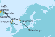 Visitando Hamburgo (Alemania), Haugesund (Noruega), Seydisfjordur (Islandia), Akureyri (Islandia), Ísafjörður (Islandia), Reykjavik (Islandia), Kirkwall (Escocia), Invergordon (Escocia), Hamburgo (Alemania)