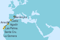 Visitando Barcelona, Cádiz (España), Las Palmas de Gran Canaria (España), La Gomera (Islas Canarias/España), Santa Cruz de la Palma (España), Santa Cruz de Tenerife (España), Arrecife (Lanzarote/España), Agadir (Marruecos), Las Palmas de Gran Canaria (España)