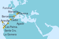 Visitando Savona (Italia), Marsella (Francia), Barcelona, Cádiz (España), Las Palmas de Gran Canaria (España), La Gomera (Islas Canarias/España), Santa Cruz de la Palma (España), Santa Cruz de Tenerife (España), Arrecife (Lanzarote/España), Agadir (Marruecos), Las Palmas de Gran Canaria (España), Santa Cruz de la Palma (España), Funchal (Madeira), Santa Cruz de Tenerife (España)