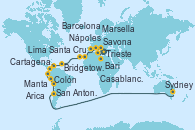Visitando Trieste (Italia), Bari (Italia), Nápoles (Italia), Savona (Italia), Marsella (Francia), Barcelona, Casablanca (Marruecos), Santa Cruz de Tenerife (España), Bridgetown (Barbados), Cartagena de Indias (Colombia), Colón, Manta (Ecuador), Manta (Ecuador), Lima (Callao/Perú), Arica (Chile), San Antonio (Chile), San Antonio (Chile), Isla Pascua (Chile), Isla Pascua (Chile), Islas Pitcairn (Pacífico), Papeete (Tahití), UTUROA, Apia (Samoa), Nukualofa (Tongatapu), Suva (Fiyi), Isla Mystery (Vanuatu), Puerto Vila (Vanuatu), Lifou (Isla Loyalty/Nueva Caledonia), Sydney (Australia)