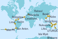 Visitando Marsella (Francia), Barcelona, Casablanca (Marruecos), Santa Cruz de Tenerife (España), Bridgetown (Barbados), Cartagena de Indias (Colombia), Colón, Manta (Ecuador), Manta (Ecuador), Lima (Callao/Perú), Arica (Chile), San Antonio (Chile), San Antonio (Chile), Isla Pascua (Chile), Isla Pascua (Chile), Islas Pitcairn (Pacífico), Papeete (Tahití), UTUROA, Apia (Samoa), Nukualofa (Tongatapu), Suva (Fiyi), Isla Mystery (Vanuatu), Puerto Vila (Vanuatu), Lifou (Isla Loyalty/Nueva Caledonia), Sydney (Australia), Sydney (Australia), Brisbane (Australia), Cairns (Australia), Rabaul (Papúa Nueva Guinea), Tokio (Japón), Tokio (Japón), Kobe (Japón), Nagasaki (Japón), Busán (Corea del Sur), Keelung (Taiwán), Hong Kong (China)