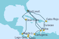 Visitando Fort Lauderdale (Florida/EEUU), Cabo Rojo, Curacao (Antillas), Aruba (Antillas), Fort Lauderdale (Florida/EEUU), Aruba (Antillas), Cartagena de Indias (Colombia), Lago Gatun (Panamá), Colón (Panamá), Puerto Limón (Costa Rica), Gran Caimán (Islas Caimán), Fort Lauderdale (Florida/EEUU)