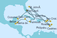 Visitando Fort Lauderdale (Florida/EEUU), Falmouth (Jamaica), Gran Caimán (Islas Caimán), Bahia de Mahogany (Honduras), Belize (Caribe), Cozumel (México), Fort Lauderdale (Florida/EEUU), Philipsburg (St. Maarten), St. John´s (Antigua y Barbuda), Roseau (Dominica), Castries (Santa Lucía/Caribe), San Cristóbal y Nieves, Saint Thomas (Islas Vírgenes), Fort Lauderdale (Florida/EEUU)
