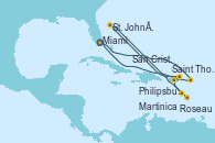 Visitando Miami (Florida/EEUU), Philipsburg (St. Maarten), St. John´s (Antigua y Barbuda), Martinica (Antillas), Roseau (Dominica), San Cristóbal y Nieves, Saint Thomas (Islas Vírgenes), Miami (Florida/EEUU)