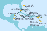 Visitando Miami (Florida/EEUU), Philipsburg (St. Maarten), St. John´s (Antigua y Barbuda), Martinica (Antillas), Roseau (Dominica), San Cristóbal y Nieves, Saint Thomas (Islas Vírgenes), Miami (Florida/EEUU), Cayo Hueso (Key West/Florida), Falmouth (Jamaica), Gran Caimán (Islas Caimán), Bahia de Mahogany (Honduras), Cozumel (México), Miami (Florida/EEUU)