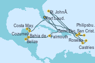 Visitando Fort Lauderdale (Florida/EEUU), Philipsburg (St. Maarten), St. John´s (Antigua y Barbuda), Roseau (Dominica), Castries (Santa Lucía/Caribe), San Cristóbal y Nieves, Saint Thomas (Islas Vírgenes), Fort Lauderdale (Florida/EEUU), Falmouth (Jamaica), Bahia de Mahogany (Honduras), Belize (Caribe), Costa Maya (México), Cozumel (México), Fort Lauderdale (Florida/EEUU)