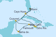 Visitando Miami (Florida/EEUU), Cayo Hueso (Key West/Florida), Falmouth (Jamaica), Gran Caimán (Islas Caimán), Bahia de Mahogany (Honduras), Cozumel (México), Miami (Florida/EEUU), Cayo Hueso (Key West/Florida), Ocho Ríos (Jamaica), Gran Caimán (Islas Caimán), Cozumel (México), Miami (Florida/EEUU)