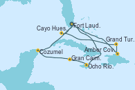 Visitando Fort Lauderdale (Florida/EEUU), Ocho Ríos (Jamaica), Gran Caimán (Islas Caimán), Cozumel (México), Fort Lauderdale (Florida/EEUU), Amber Cove (República Dominicana), Grand Turks(Turks & Caicos), Cayo Hueso (Key West/Florida), Fort Lauderdale (Florida/EEUU)