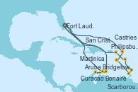 Visitando Fort Lauderdale (Florida/EEUU), Bonaire (Países Bajos), Aruba (Antillas), Curacao (Antillas), Fort Lauderdale (Florida/EEUU), Philipsburg (St. Maarten), Martinica (Antillas), Bridgetown (Barbados), Scarborough (Trinidad & Tobago), Castries (Santa Lucía/Caribe), San Cristóbal y Nieves, Fort Lauderdale (Florida/EEUU)
