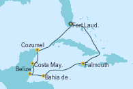 Visitando Fort Lauderdale (Florida/EEUU), Falmouth (Jamaica), Bahia de Mahogany (Honduras), Belize (Caribe), Costa Maya (México), Cozumel (México), Fort Lauderdale (Florida/EEUU)