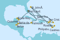 Visitando Fort Lauderdale (Florida/EEUU), Falmouth (Jamaica), Bahia de Mahogany (Honduras), Belize (Caribe), Costa Maya (México), Cozumel (México), Fort Lauderdale (Florida/EEUU), Philipsburg (St. Maarten), St. John´s (Antigua y Barbuda), Roseau (Dominica), Castries (Santa Lucía/Caribe), San Cristóbal y Nieves, Saint Thomas (Islas Vírgenes), Fort Lauderdale (Florida/EEUU)