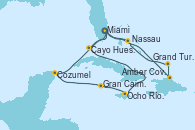 Visitando Miami (Florida/EEUU), Cayo Hueso (Key West/Florida), Ocho Ríos (Jamaica), Gran Caimán (Islas Caimán), Cozumel (México), Miami (Florida/EEUU), Amber Cove (República Dominicana), Grand Turks(Turks & Caicos), Nassau (Bahamas), Miami (Florida/EEUU)
