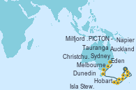 Visitando Auckland (Nueva Zelanda), Tauranga (Nueva Zelanda), Napier (Nueva Zelanda), PICTON -  NEW ZEALAND, Christchurch (Nueva Zelanda), Dunedin (Nueva Zelanda), Isla Stewart (Nueva Zelanda), Milfjord Sound (Nueva Zelanda), Hobart (Australia), Melbourne (Australia), Eden (Nueva Gales), Sydney (Australia)