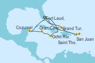 Visitando Fort Lauderdale (Florida/EEUU), Grand Turks(Turks & Caicos), San Juan (Puerto Rico), Saint Thomas (Islas Vírgenes), Fort Lauderdale (Florida/EEUU), Ocho Ríos (Jamaica), Gran Caimán (Islas Caimán), Cozumel (México), Fort Lauderdale (Florida/EEUU)
