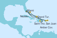Visitando Miami (Florida/EEUU), Amber Cove (República Dominicana), Grand Turks(Turks & Caicos), Nassau (Bahamas), Miami (Florida/EEUU), Grand Turks(Turks & Caicos), San Juan (Puerto Rico), Saint Thomas (Islas Vírgenes), Miami (Florida/EEUU)