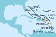 Visitando Fort Lauderdale (Florida/EEUU), Philipsburg (St. Maarten), Martinica (Antillas), Bridgetown (Barbados), Scarborough (Trinidad & Tobago), Castries (Santa Lucía/Caribe), San Cristóbal y Nieves, Fort Lauderdale (Florida/EEUU), Philipsburg (St. Maarten), St. John´s (Antigua y Barbuda), Road Town (Isla Tórtola/Islas Vírgenes), San Juan (Puerto Rico), Fort Lauderdale (Florida/EEUU)