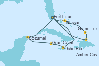 Visitando Fort Lauderdale (Florida/EEUU), Ocho Ríos (Jamaica), Gran Caimán (Islas Caimán), Cozumel (México), Fort Lauderdale (Florida/EEUU), Nassau (Bahamas), Grand Turks(Turks & Caicos), Amber Cove (República Dominicana), Fort Lauderdale (Florida/EEUU)