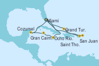 Visitando Miami (Florida/EEUU), Grand Turks(Turks & Caicos), San Juan (Puerto Rico), Saint Thomas (Islas Vírgenes), Miami (Florida/EEUU), Ocho Ríos (Jamaica), Gran Caimán (Islas Caimán), Cozumel (México), Miami (Florida/EEUU)