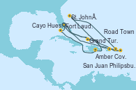 Visitando Fort Lauderdale (Florida/EEUU), Philipsburg (St. Maarten), St. John´s (Antigua y Barbuda), Road Town (Isla Tórtola/Islas Vírgenes), San Juan (Puerto Rico), Fort Lauderdale (Florida/EEUU), Grand Turks(Turks & Caicos), Amber Cove (República Dominicana), Cayo Hueso (Key West/Florida), Fort Lauderdale (Florida/EEUU)