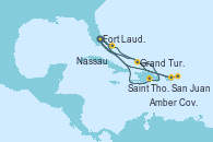 Visitando Fort Lauderdale (Florida/EEUU), Nassau (Bahamas), Grand Turks(Turks & Caicos), Amber Cove (República Dominicana), Fort Lauderdale (Florida/EEUU), Grand Turks(Turks & Caicos), San Juan (Puerto Rico), Saint Thomas (Islas Vírgenes), Fort Lauderdale (Florida/EEUU)