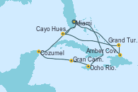Visitando Miami (Florida/EEUU), Ocho Ríos (Jamaica), Gran Caimán (Islas Caimán), Cozumel (México), Miami (Florida/EEUU), Amber Cove (República Dominicana), Grand Turks(Turks & Caicos), Cayo Hueso (Key West/Florida), Miami (Florida/EEUU)