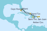 Visitando Miami (Florida/EEUU), Amber Cove (República Dominicana), Grand Turks(Turks & Caicos), Cayo Hueso (Key West/Florida), Miami (Florida/EEUU), Grand Turks(Turks & Caicos), San Juan (Puerto Rico), Saint Thomas (Islas Vírgenes), Miami (Florida/EEUU)