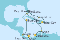 Visitando Fort Lauderdale (Florida/EEUU), Grand Turks(Turks & Caicos), Amber Cove (República Dominicana), Cayo Hueso (Key West/Florida), Fort Lauderdale (Florida/EEUU), Aruba (Antillas), Cartagena de Indias (Colombia), Lago Gatun (Panamá), Colón (Panamá), Puerto Limón (Costa Rica), Gran Caimán (Islas Caimán), Fort Lauderdale (Florida/EEUU)
